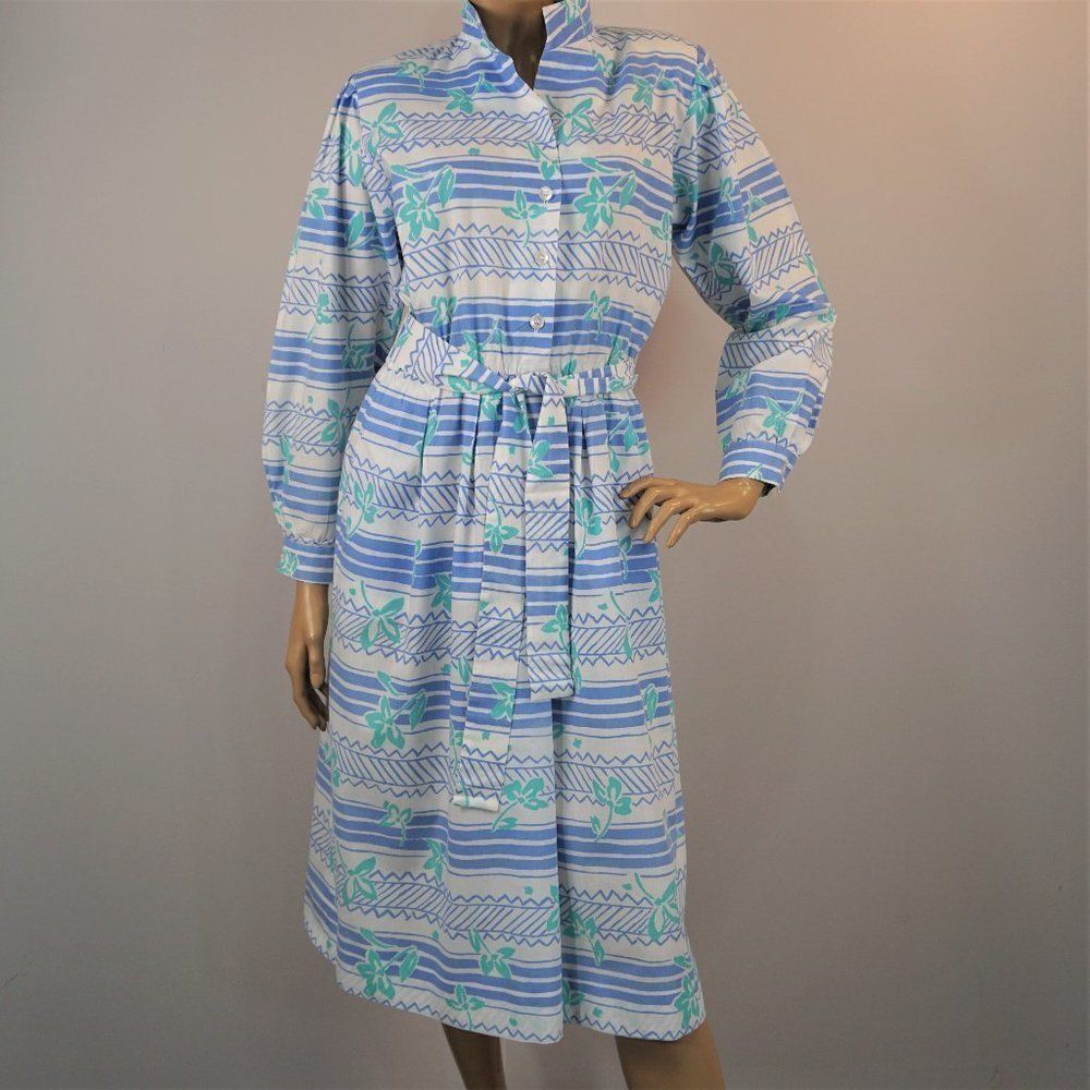 Vintage Tanner Dress 80s USA Button Front Belted Blue White Striped